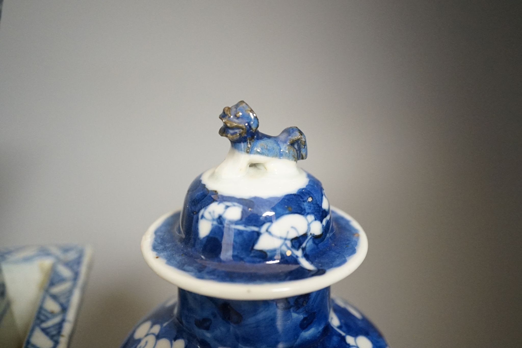 A group of 19th century Chinese blue and white vases, tallest 38.5cm, pots and a candlestick (5)